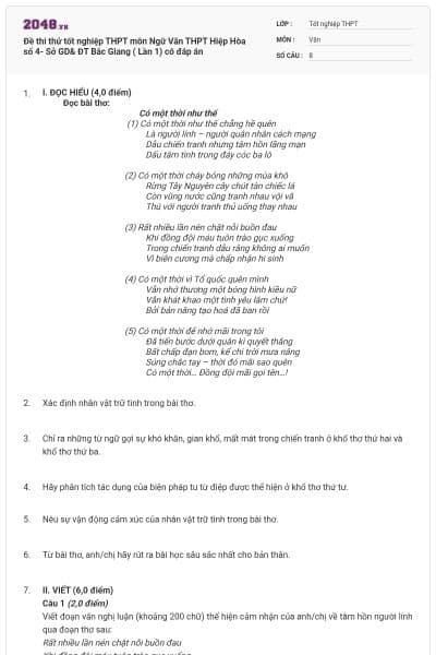 Đề thi thử tốt nghiệp THPT môn Ngữ Văn THPT Hiệp Hòa số 4- Sở GD& ĐT Bắc Giang ( Lần 1) có đáp án