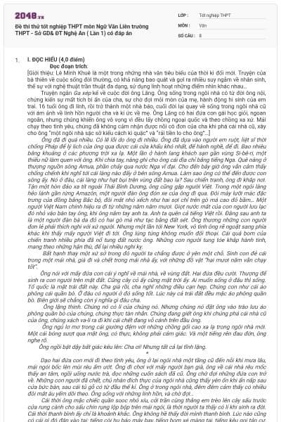 Đề thi thử tốt nghiệp THPT môn Ngữ Văn Liên trường THPT - Sở GD& ĐT Nghệ An ( Lần 1) có đáp án