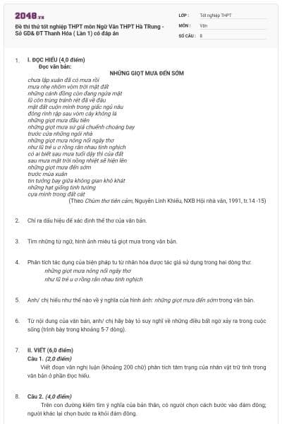 Đề thi thử tốt nghiệp THPT môn Ngữ Văn THPT Hà TRung - Sở GD& ĐT Thanh Hóa ( Lần 1) có đáp án