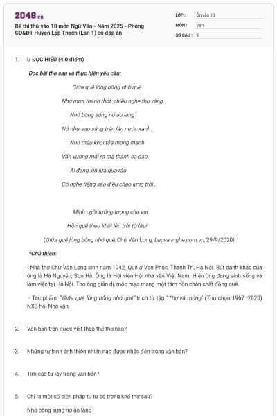 Đề thi thử vào 10 môn Ngữ Văn - Năm 2025 - Phòng GD&ĐT Huyện Lập Thạch (Lần 1) có đáp án