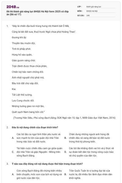 Đề thi Đánh giá năng lực ĐHQG Hà Nội form 2025 có đáp án (Đề số 17)