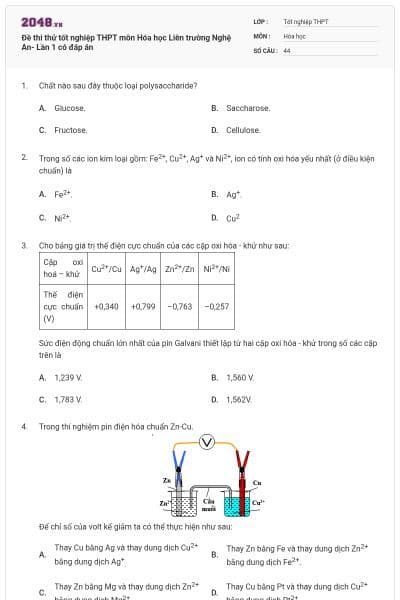 Đề thi thử tốt nghiệp THPT môn Hóa học Liên trường Nghệ An- Lần 1 có đáp án