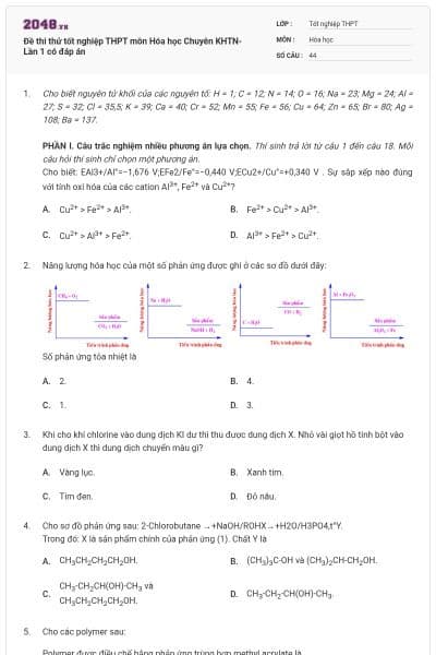 Đề thi thử tốt nghiệp THPT môn Hóa học Chuyên KHTN- Lần 1 có đáp án