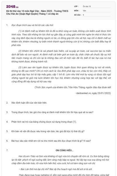 Đề thi thử vào 10 môn Ngữ Văn - Năm 2025 - Trường THCS Chu Văn An (Quận Ngô Quyền) Tháng 1 có đáp án