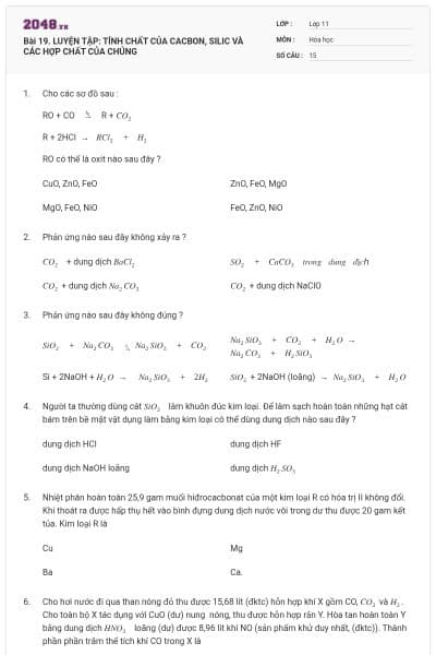 Bài 19. LUYỆN TẬP: TÍNH CHẤT CỦA CACBON, SILIC VÀ CÁC HỢP CHẤT CỦA CHÚNG