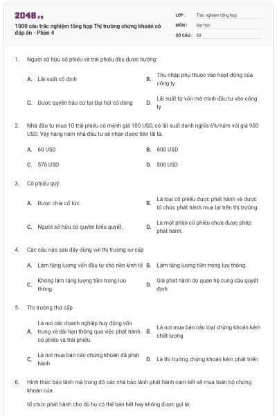 1000 câu trắc nghiệm tổng hợp Thị trường chứng khoán có đáp án - Phần 4