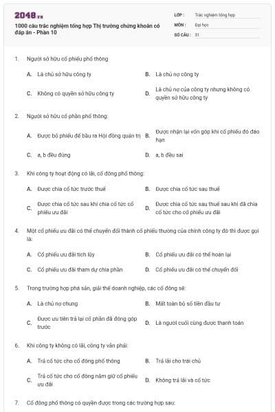 1000 câu trắc nghiệm tổng hợp Thị trường chứng khoán có đáp án - Phần 10