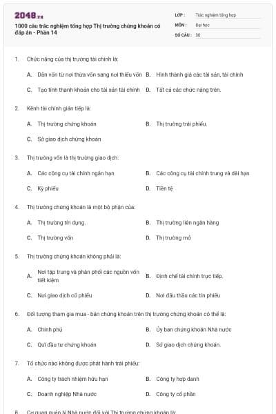1000 câu trắc nghiệm tổng hợp Thị trường chứng khoán có đáp án - Phần 14