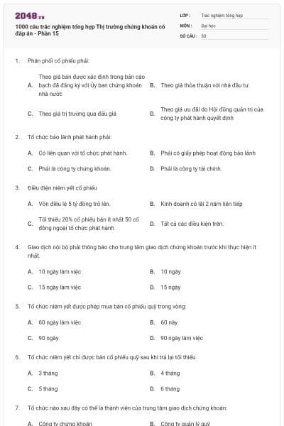 1000 câu trắc nghiệm tổng hợp Thị trường chứng khoán có đáp án - Phần 15