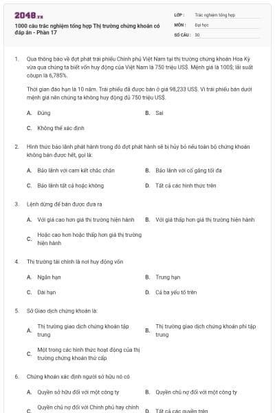 1000 câu trắc nghiệm tổng hợp Thị trường chứng khoán có đáp án - Phần 17