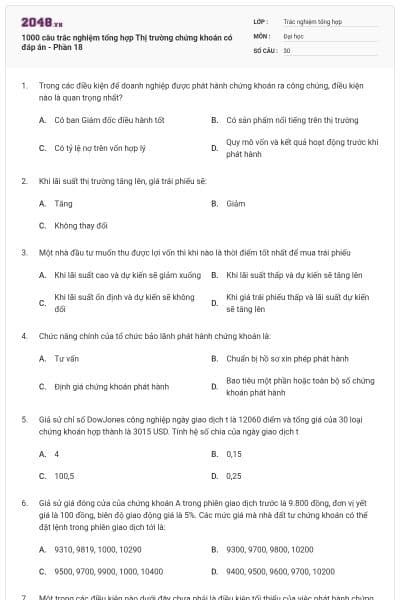 1000 câu trắc nghiệm tổng hợp Thị trường chứng khoán có đáp án - Phần 18