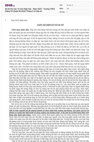 Đề thi thử vào 10 môn Ngữ Văn - Năm 2025 - Trường THCS Giảng Võ (Quận Ba Đình) Tháng 2 có đáp án