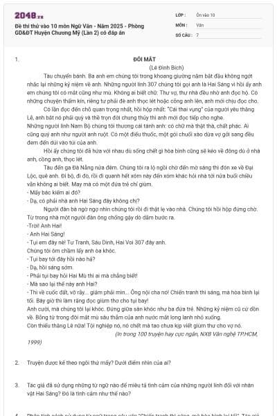 Đề thi thử vào 10 môn Ngữ Văn - Năm 2025 - Phòng GD&ĐT Huyện Chương Mỹ (Lần 2) có đáp án
