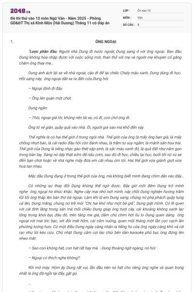 Đề thi thử vào 10 môn Ngữ Văn - Năm 2025 - Phòng GD&ĐT Thị xã Kinh Môn (Hải Dương) Tháng 11 có đáp án