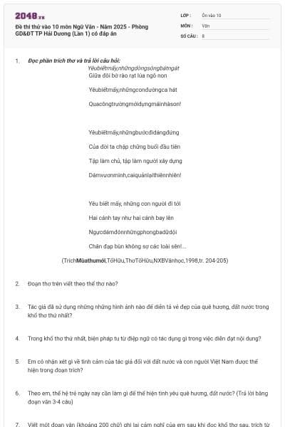 Đề thi thử vào 10 môn Ngữ Văn - Năm 2025 - Phòng GD&ĐT TP Hải Dương (Lần 1) có đáp án