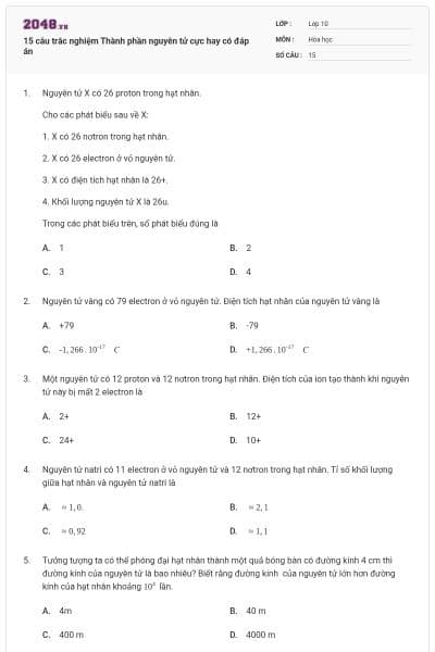 15 câu trắc nghiệm Thành phần nguyên tử cực hay có đáp án