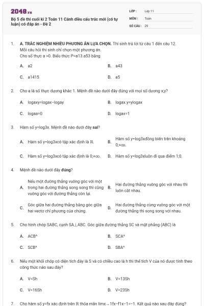 Bộ 5 đề thi cuối kì 2 Toán 11 Cánh diều cấu trúc mới (có tự luận) có đáp án - Đề 2