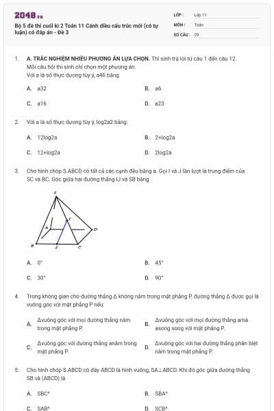 Bộ 5 đề thi cuối kì 2 Toán 11 Cánh diều cấu trúc mới (có tự luận) có đáp án - Đề 3