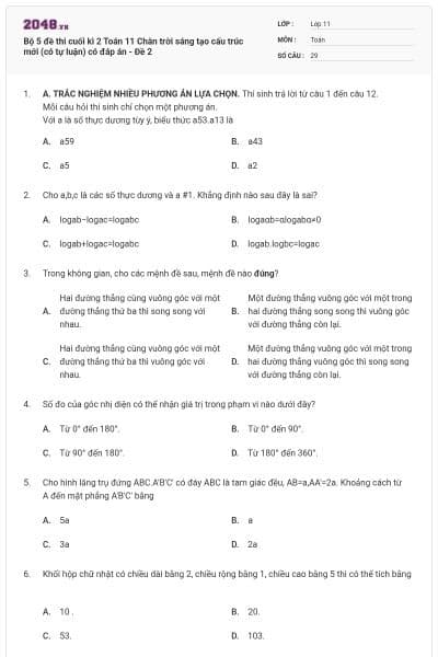 Bộ 5 đề thi cuối kì 2 Toán 11 Chân trời sáng tạo cấu trúc mới (có tự luận) có đáp án - Đề 2