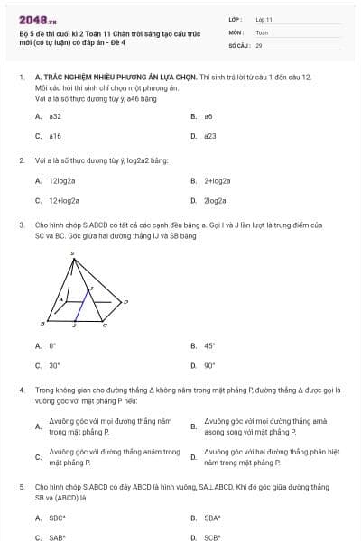 Bộ 5 đề thi cuối kì 2 Toán 11 Chân trời sáng tạo cấu trúc mới (có tự luận) có đáp án - Đề 4