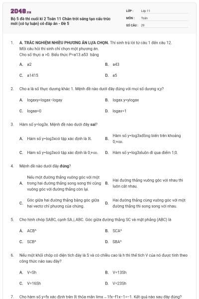 Bộ 5 đề thi cuối kì 2 Toán 11 Chân trời sáng tạo cấu trúc mới (có tự luận) có đáp án - Đề 5