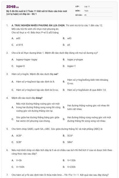 Bộ 5 đề thi cuối kì 2 Toán 11 Kết nối tri thức cấu trúc mới (có tự luận) có đáp án - Đề 1