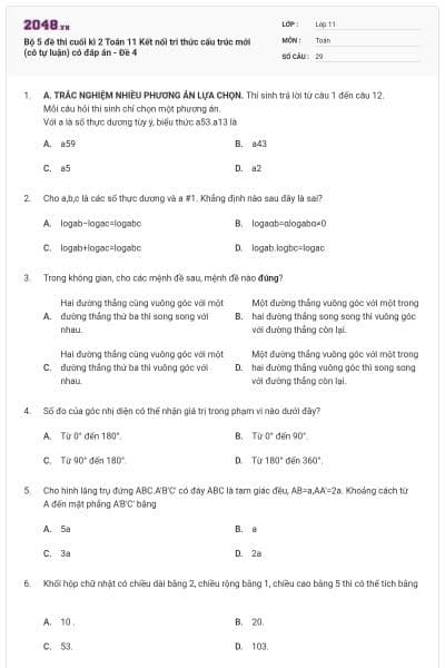Bộ 5 đề thi cuối kì 2 Toán 11 Kết nối tri thức cấu trúc mới (có tự luận) có đáp án - Đề 4