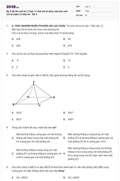 Bộ 5 đề thi cuối kì 2 Toán 11 Kết nối tri thức cấu trúc mới (có tự luận) có đáp án - Đề 3