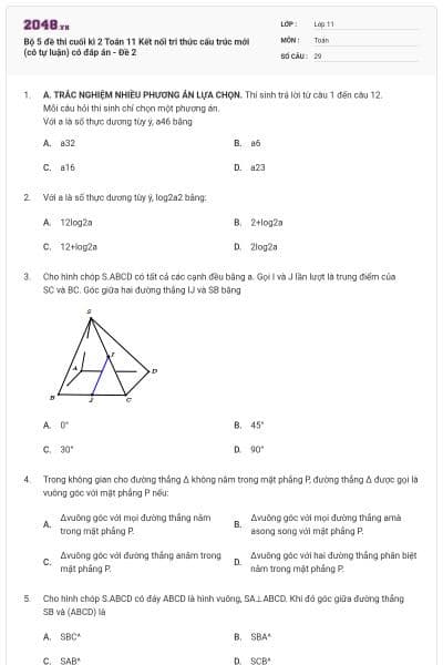 Bộ 5 đề thi cuối kì 2 Toán 11 Kết nối tri thức cấu trúc mới (có tự luận) có đáp án - Đề 2