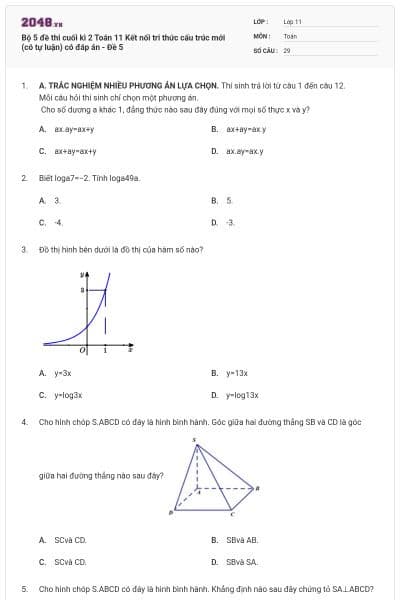 Bộ 5 đề thi cuối kì 2 Toán 11 Kết nối tri thức cấu trúc mới (có tự luận) có đáp án - Đề 5