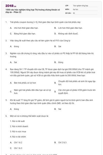 1000 câu trắc nghiệm tổng hợp Thị trường chứng khoán có đáp án - Phần 22