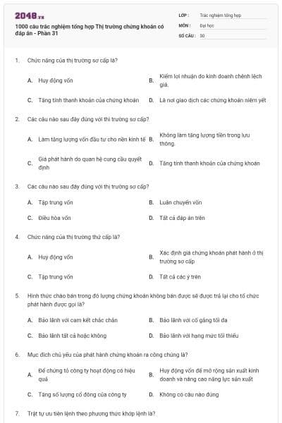 1000 câu trắc nghiệm tổng hợp Thị trường chứng khoán có đáp án - Phần 31