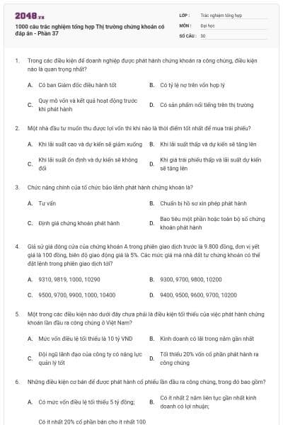 1000 câu trắc nghiệm tổng hợp Thị trường chứng khoán có đáp án - Phần 37