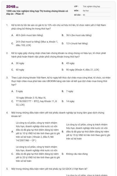 1000 câu trắc nghiệm tổng hợp Thị trường chứng khoán có đáp án - Phần 41
