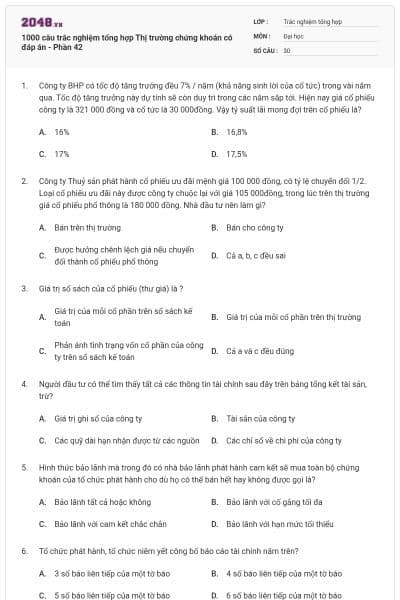 1000 câu trắc nghiệm tổng hợp Thị trường chứng khoán có đáp án - Phần 42