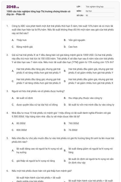 1000 câu trắc nghiệm tổng hợp Thị trường chứng khoán có đáp án - Phần 49