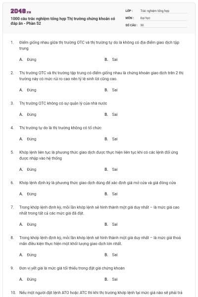1000 câu trắc nghiệm tổng hợp Thị trường chứng khoán có đáp án - Phần 52