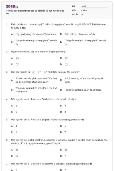 15 câu trắc nghiệm Cấu tạo vỏ nguyên tử cực hay có đáp án