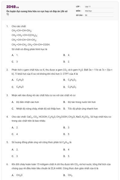 Ôn luyện đại cương hóa hữu cơ cực hay có đáp án (đề số 1)