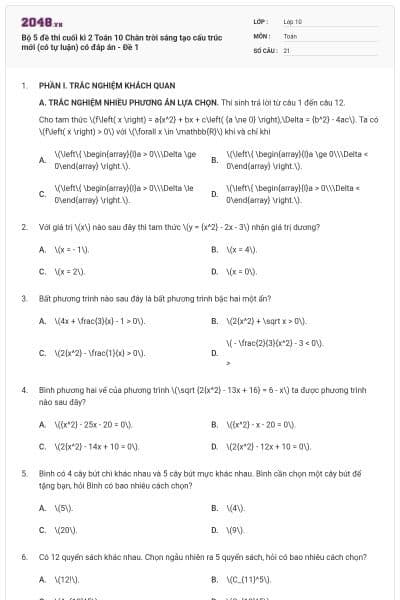 Bộ 5 đề thi cuối kì 2 Toán 10 Chân trời sáng tạo cấu trúc mới (có tự luận) có đáp án - Đề 1