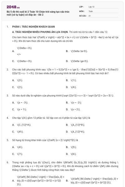 Bộ 5 đề thi cuối kì 2 Toán 10 Chân trời sáng tạo cấu trúc mới (có tự luận) có đáp án - Đề 2