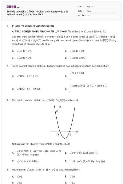 Bộ 5 đề thi cuối kì 2 Toán 10 Chân trời sáng tạo cấu trúc mới (có tự luận) có đáp án - Đề 3