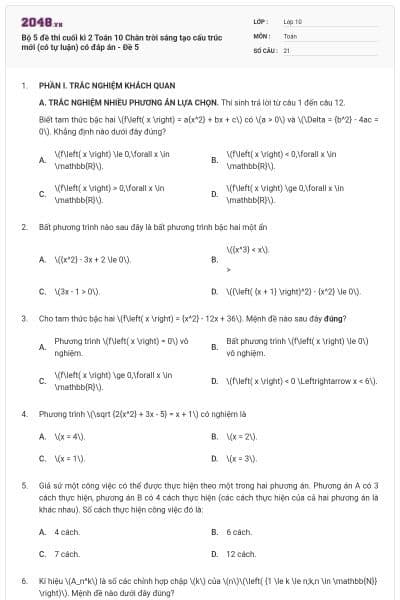 Bộ 5 đề thi cuối kì 2 Toán 10 Chân trời sáng tạo cấu trúc mới (có tự luận) có đáp án - Đề 5
