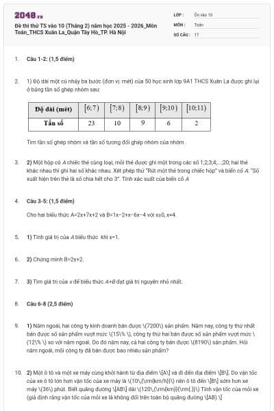 Đề thi thử TS vào 10 (Tháng 2) năm học 2025 - 2026_Môn Toán_THCS Xuân La_Quận Tây Hồ_TP. Hà Nội