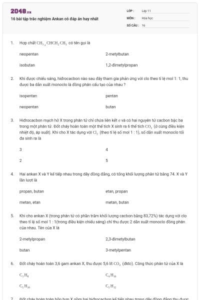 16 bài tập trắc nghiệm Ankan có đáp án hay nhất