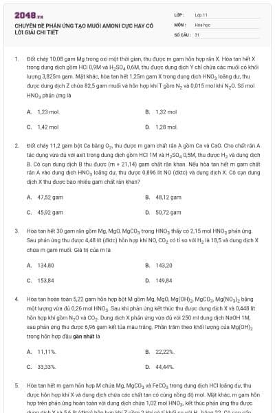 CHUYÊN ĐỀ PHẢN ỨNG TẠO MUỐI AMONI CỰC HAY CÓ LỜI GIẢI CHI TIẾT
