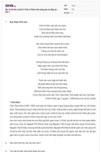 Bộ 10 đề thi cuối kì 2 Văn 9 Chân trời sáng tạo có đáp án - Đề 7