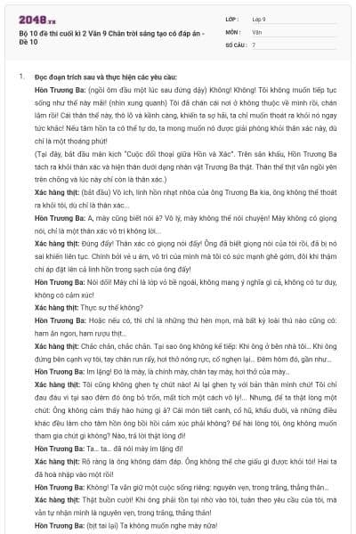 Bộ 10 đề thi cuối kì 2 Văn 9 Chân trời sáng tạo có đáp án - Đề 10