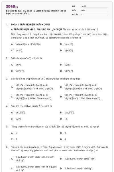 Bộ 5 đề thi cuối kì 2 Toán 10 Cánh diều cấu trúc mới (có tự luận) có đáp án - Đề 2