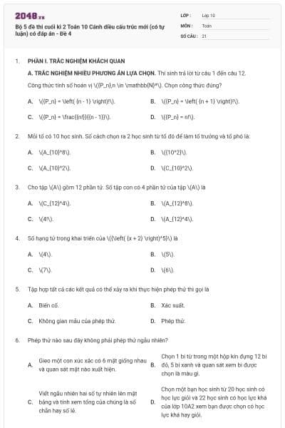 Bộ 5 đề thi cuối kì 2 Toán 10 Cánh diều cấu trúc mới (có tự luận) có đáp án - Đề 4